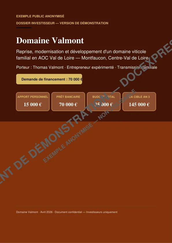 Couverture du dossier investisseur anonymisé Domaine Valmont